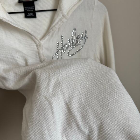Vintage Y2K Harley Davidson Womens White Longsleeve Hoodie Rhinestone Size Small - Picture 6 of 12